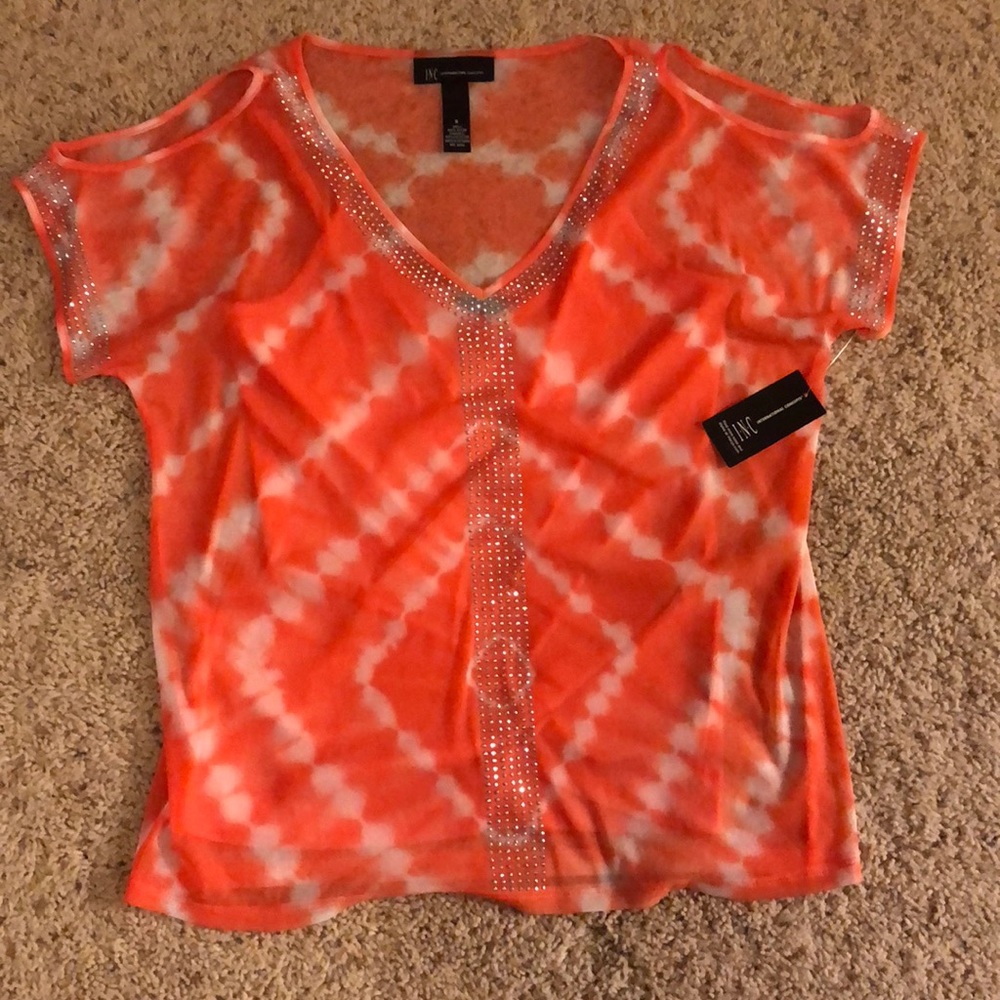 Orange tie dye bedazzled cold shoulder top